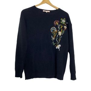 The Cashmere Project Floral Embroidered Black Cashmere Crewneck Sweater